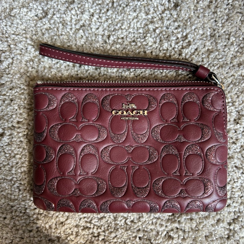 Coach Burgundy Red Sparkle Glitter Zippered Wallet Wristlet Leather